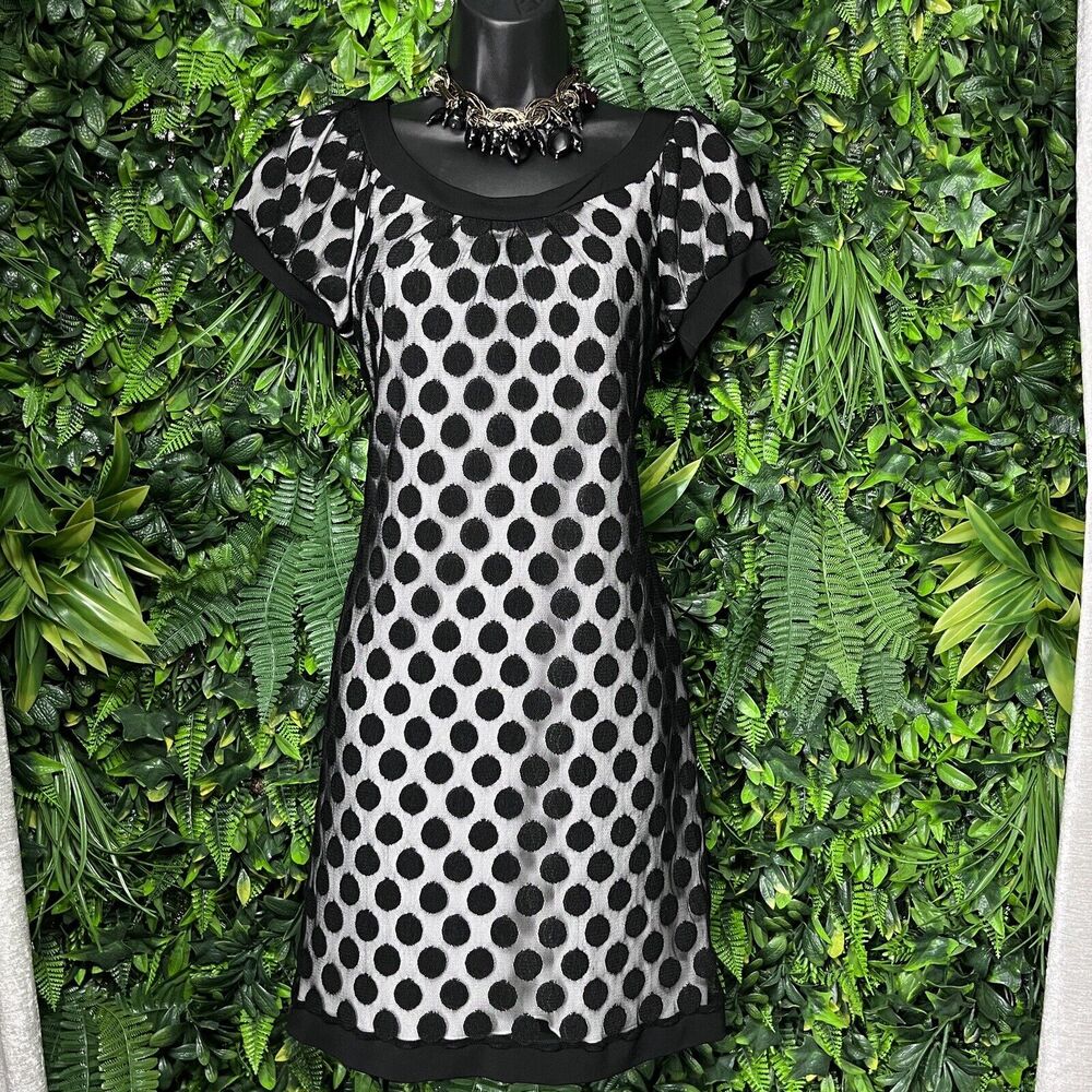 ENFOCUS STUDIO Dress Women 8 Black White Polka Dot Short Sleeve Sheath 2090 - Picture 2 of 7
